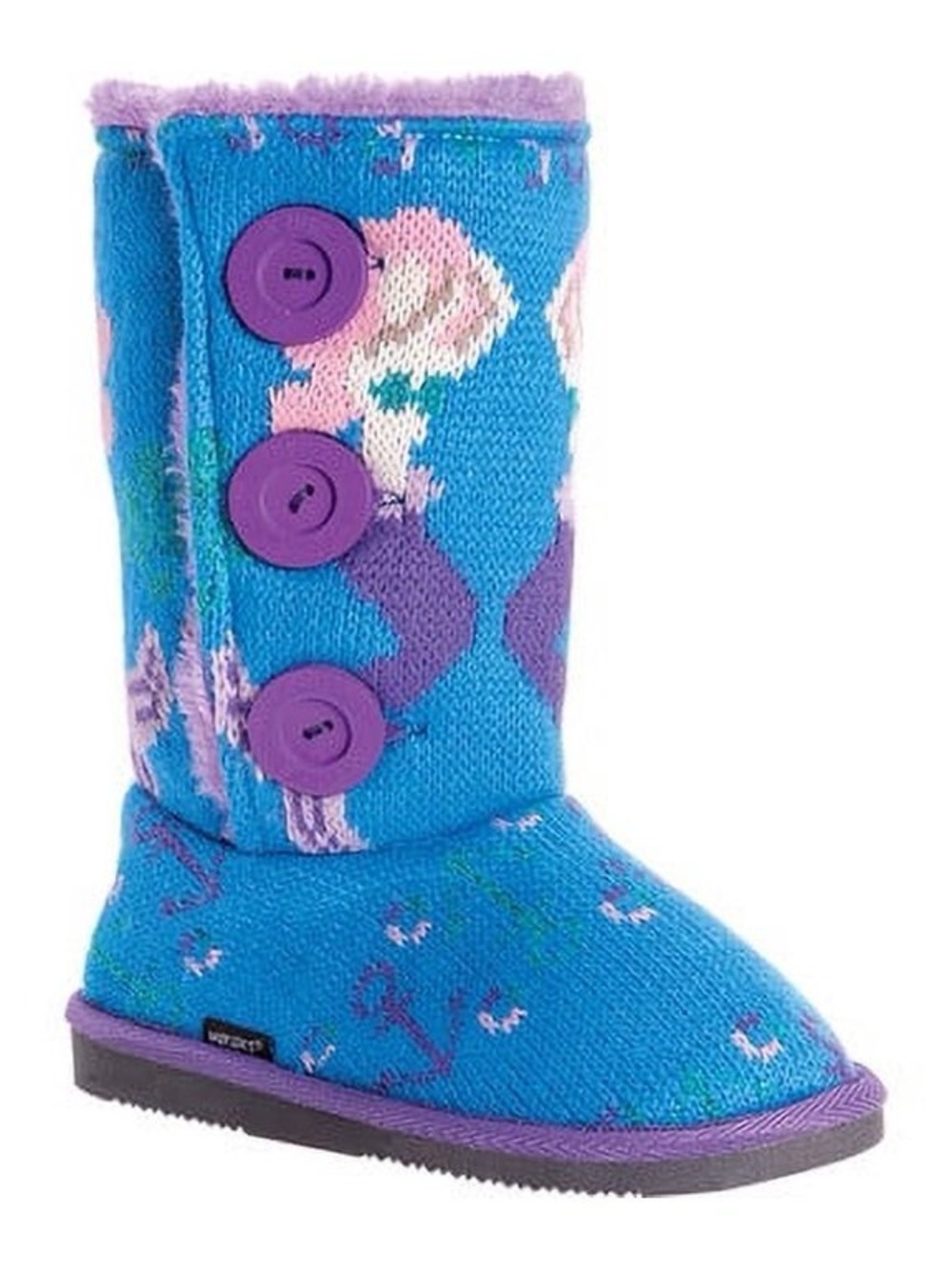 Kids Original Mukluks Blue and Purple Button-Up Winter Boots with Mermaid Design